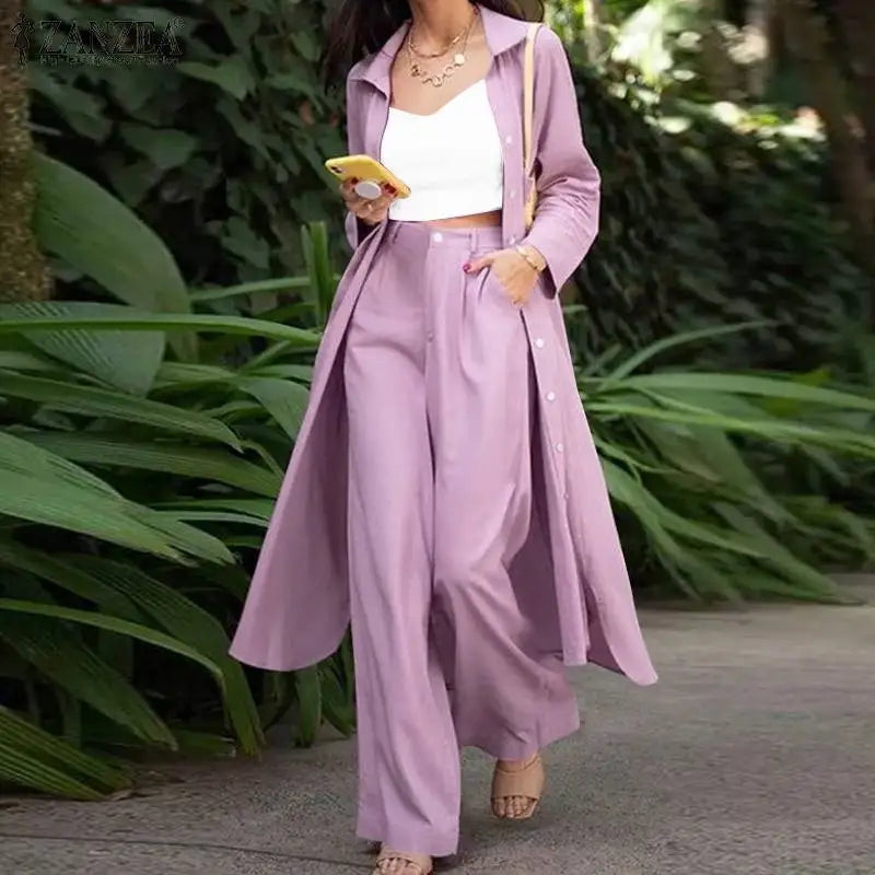 ZANZEA Spring Women Fashion Tracksuit Oversized Elegant OL Office Solid Suits Casual Wide Leg Pants Sets Outifits 2023