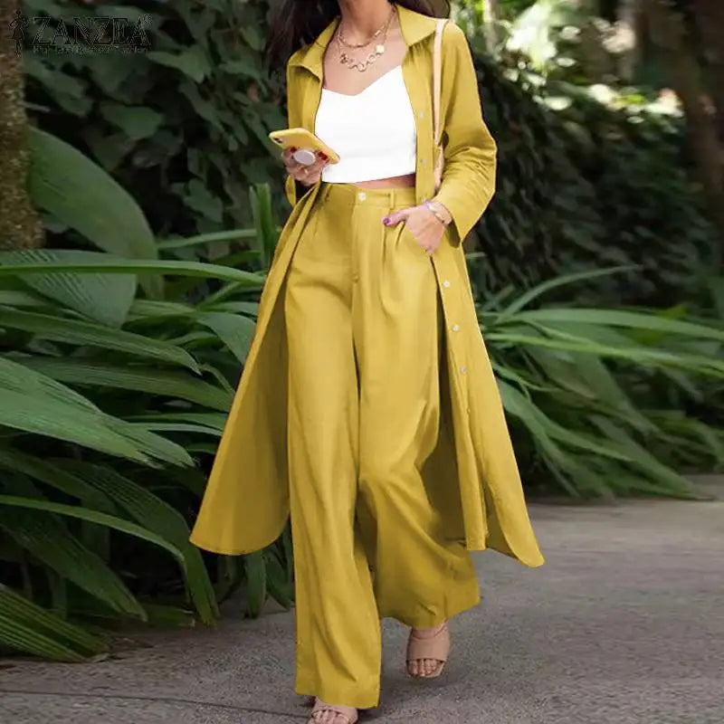 ZANZEA Spring Women Fashion Tracksuit Oversized Elegant OL Office Solid Suits Casual Wide Leg Pants Sets Outifits 2023