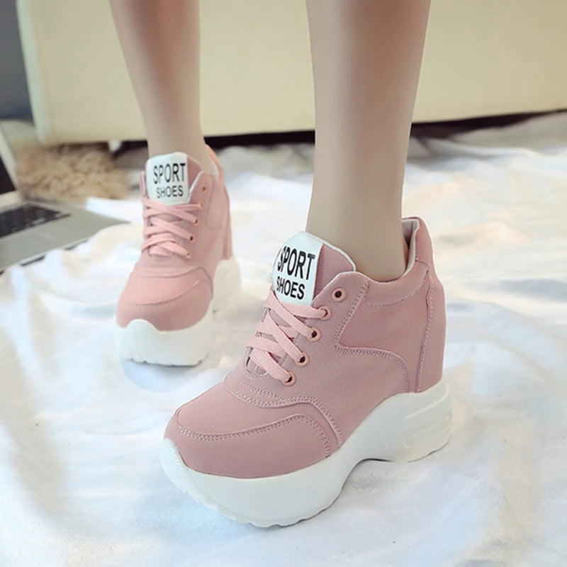 Women's Vulcanize Shoes PU Leather White/Black/Pink Sneakers For Woman Fashion High Heels Chunky Sneakers Female Platform Shoes