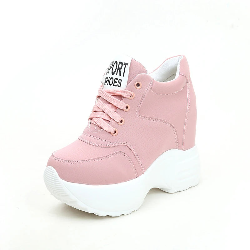 Women's Vulcanize Shoes PU Leather White/Black/Pink Sneakers For Woman Fashion High Heels Chunky Sneakers Female Platform Shoes