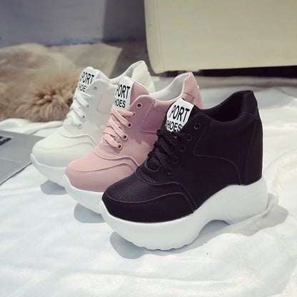 Women's Vulcanize Shoes PU Leather White/Black/Pink Sneakers For Woman Fashion High Heels Chunky Sneakers Female Platform Shoes