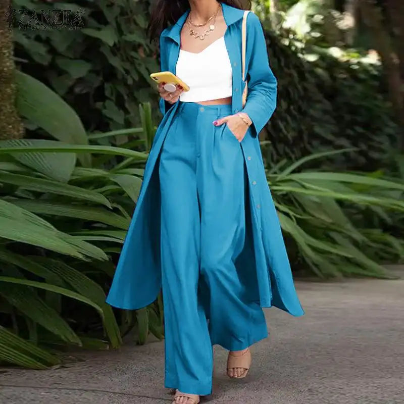 ZANZEA Spring Women Fashion Tracksuit Oversized Elegant OL Office Solid Suits Casual Wide Leg Pants Sets Outifits 2023