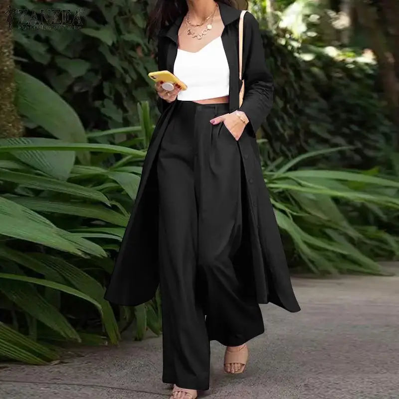 ZANZEA Spring Women Fashion Tracksuit Oversized Elegant OL Office Solid Suits Casual Wide Leg Pants Sets Outifits 2023