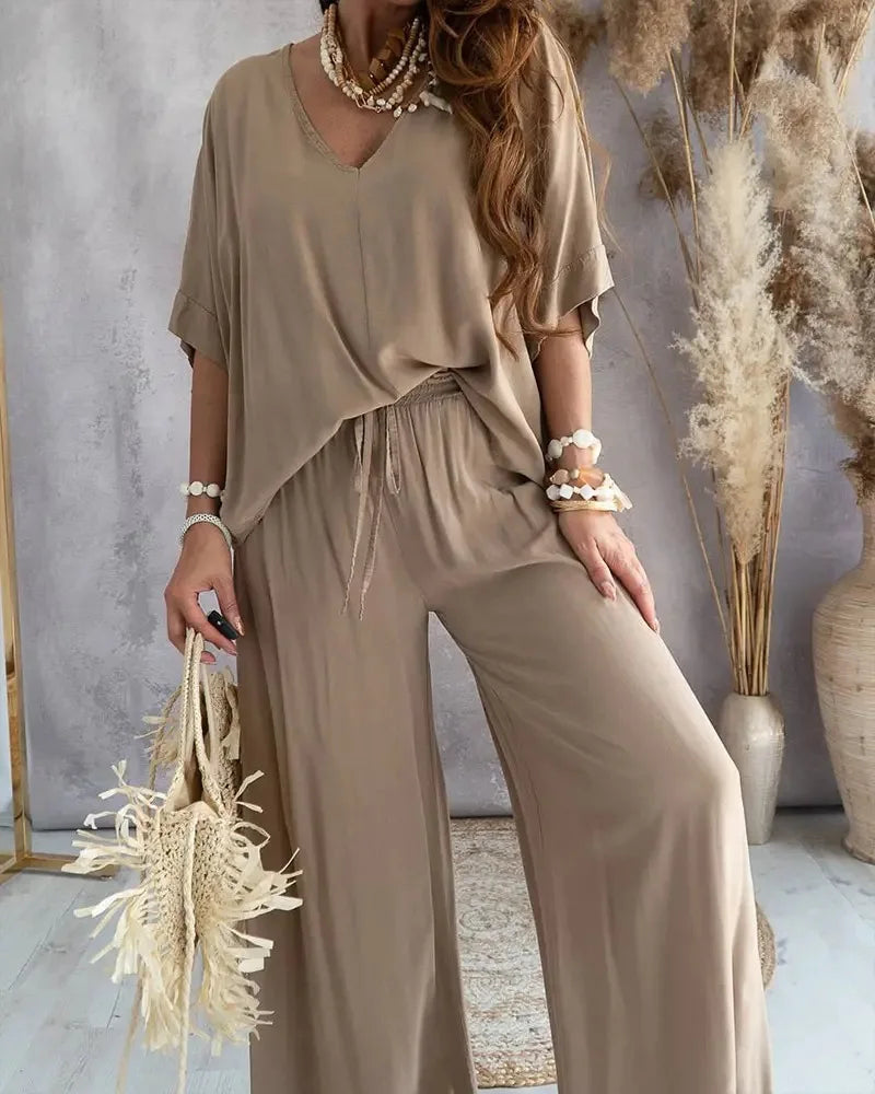 Summer V-neck Bat Sleeve Suit Two-piece Set