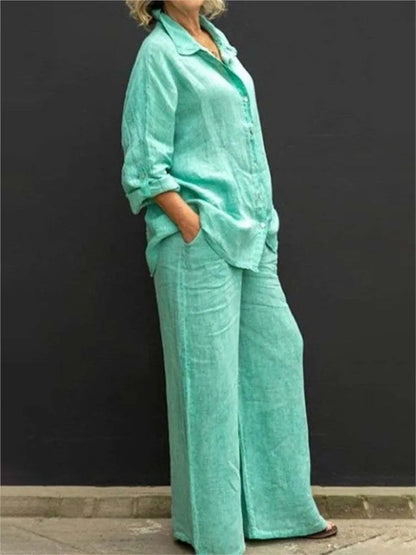 Solid Color Cotton Linen Shirt 2 Piece Set