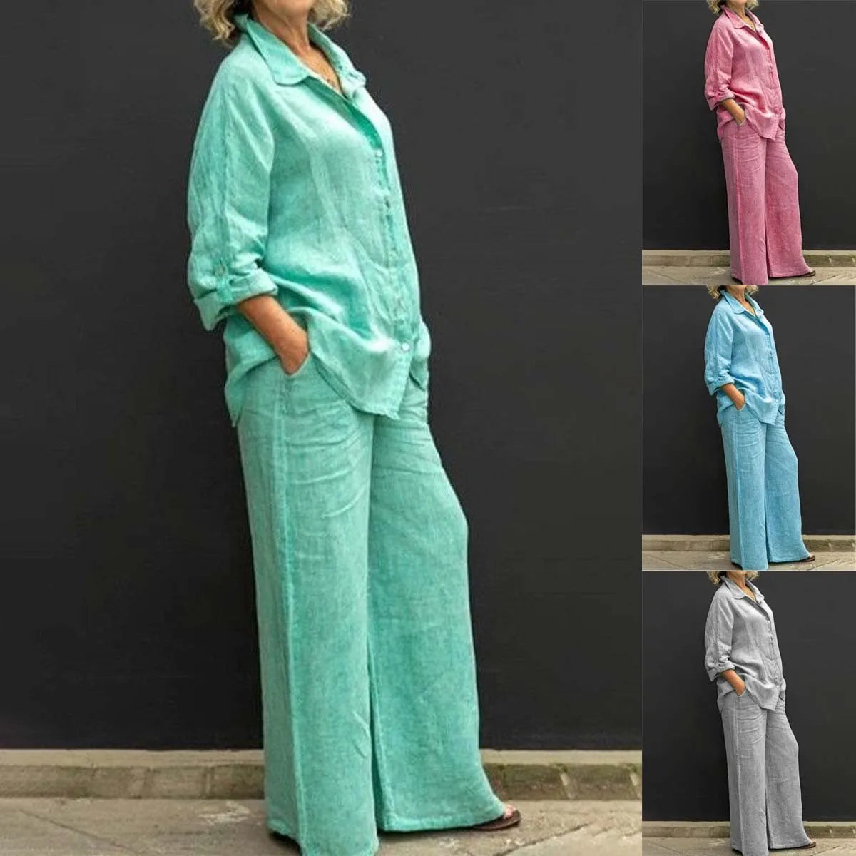 Solid Color Cotton Linen Shirt 2 Piece Set