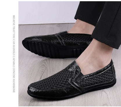 Men Summer Leather Loafers Casual Shoes Breathable Men Sneakers 2022 Fashion Comfort Male Outdoor Black Rubber Flat Men Shoes