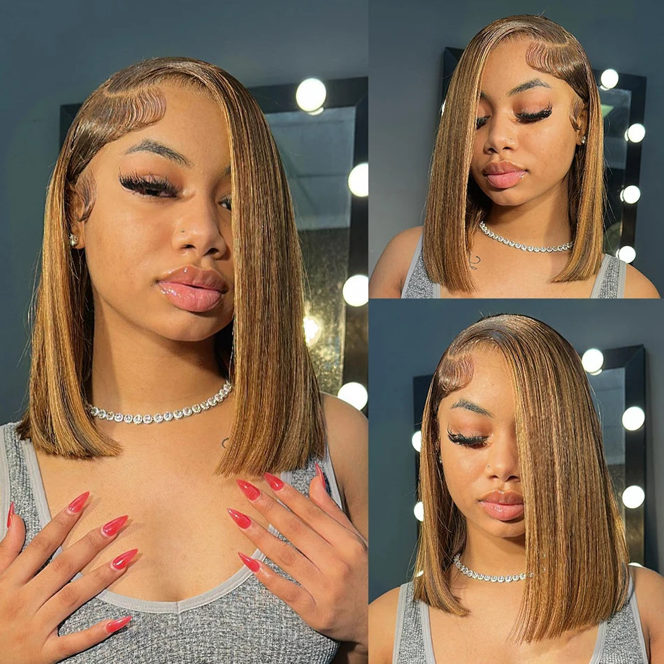 Straight Bob Wigs Highlight Honey Blonde Hair