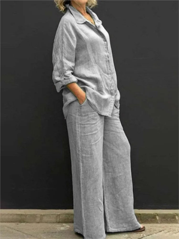 Solid Color Cotton Linen Shirt 2 Piece Set