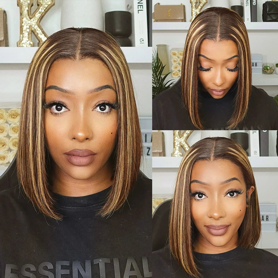 Straight Bob Wigs Highlight Honey Blonde Hair