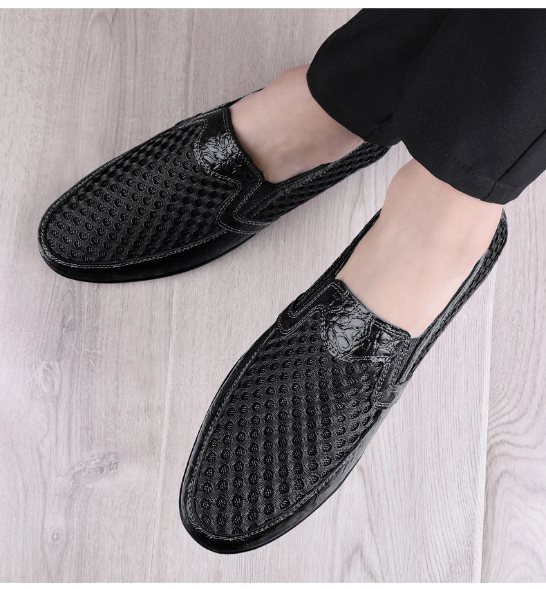 Men Summer Leather Loafers Casual Shoes Breathable Men Sneakers 2022 Fashion Comfort Male Outdoor Black Rubber Flat Men Shoes