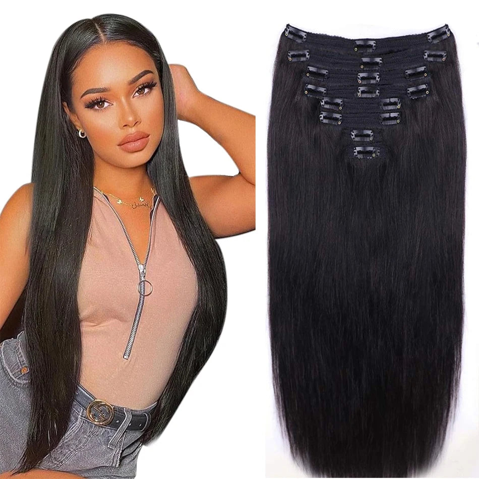 Natural Straight Clip In Human Hair Extension 
Clip Ins Remy Hair For Women. 100% Unprocessed Brazilian Virgin Hair Clip Full Head