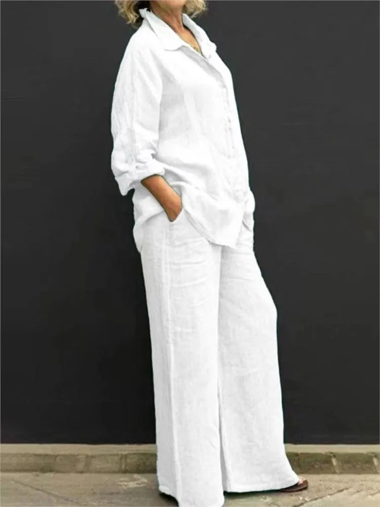 Solid Color Cotton Linen Shirt 2 Piece Set