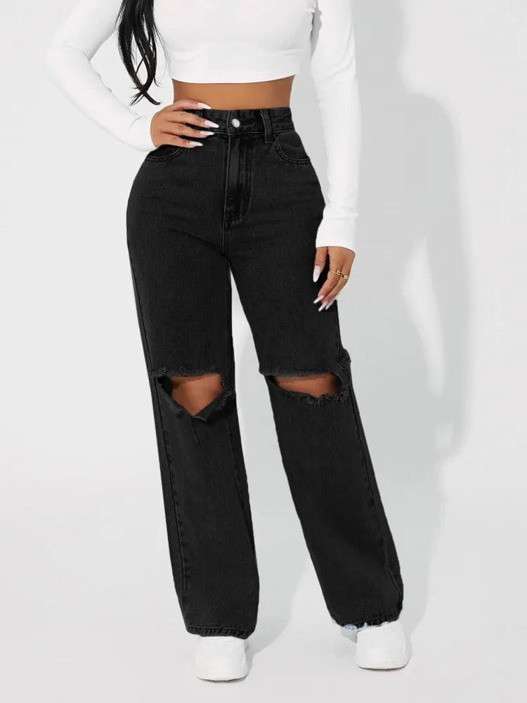 Boyfriend Lady Streetwear Cut Out Denim Jeans