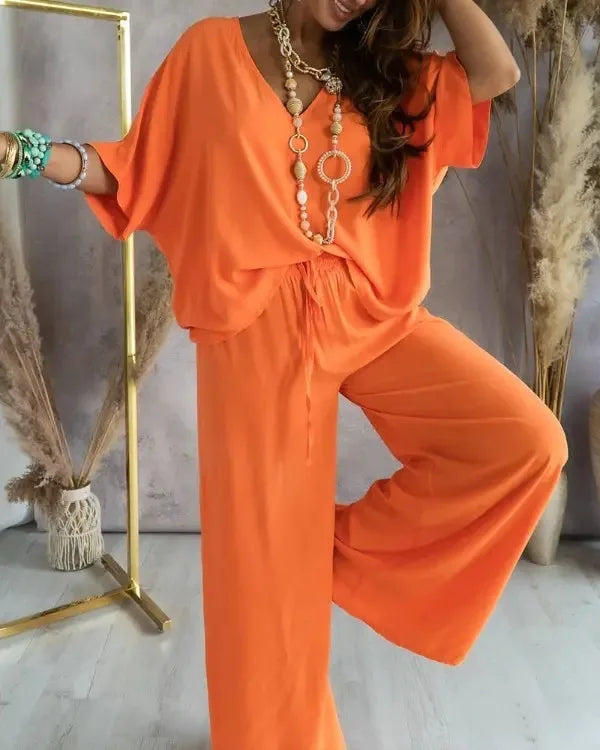 Summer V-neck Bat Sleeve Suit Two-piece Set