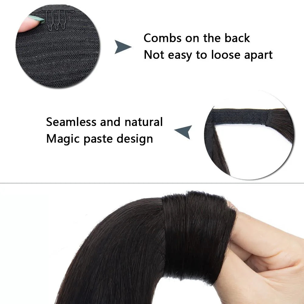 Straight Ponytail. 26 Inch Long Straight Ponytail Wrap Around Clip