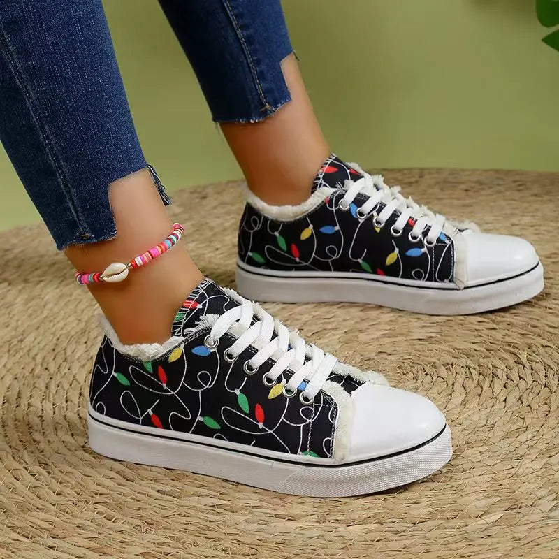 Spring New Women's Cartoon Graffiti Casual Canvas Shoes Fashion Lace-Up Woman Breathable Round Toe Sneakers Lightweight Female