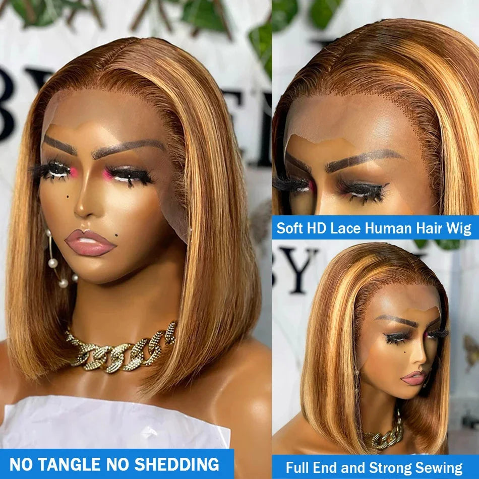 Straight Bob Wigs Highlight Honey Blonde Hair