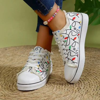 Spring New Women's Cartoon Graffiti Casual Canvas Shoes Fashion Lace-Up Woman Breathable Round Toe Sneakers Lightweight Female