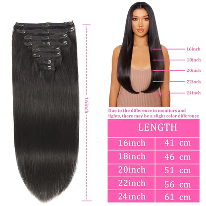 Natural Straight Clip In Hair Extensions 
100% Real Human Hair Extensions 12-26 Inch Color 
#1B Black 120g For Salon High Quality