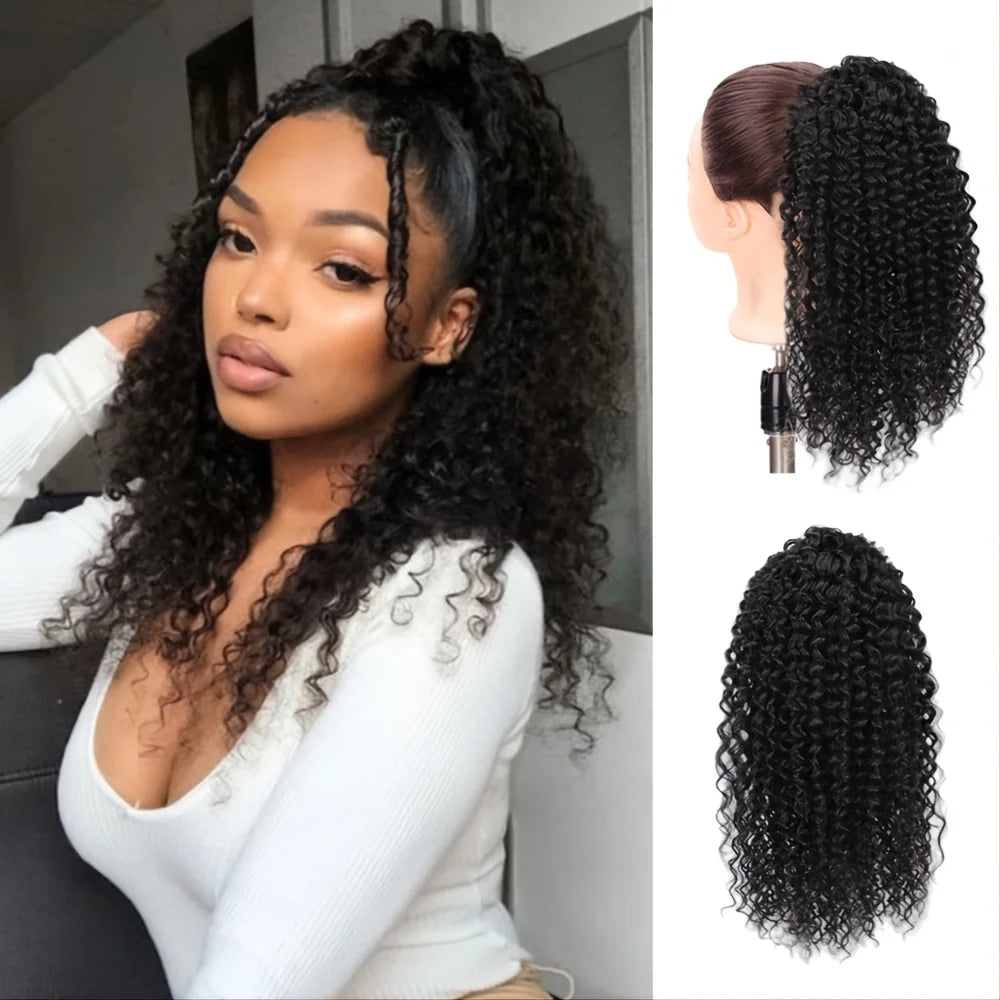 Curly Human Hair Clip in Drawstring Ponytail Wig