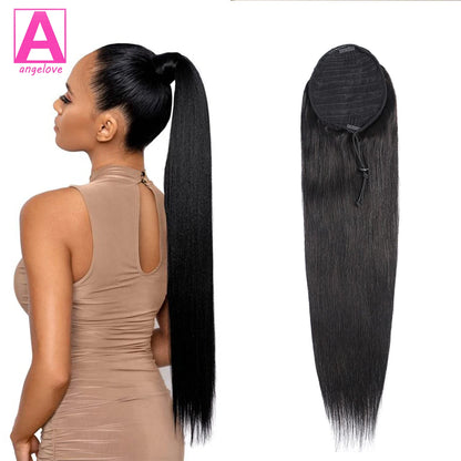 Ponytail Human Hair Extensions With Clip 10"-26" 100gram Natural Color Straight Human Hair Drawstring Ponytail For Women 1 Piece