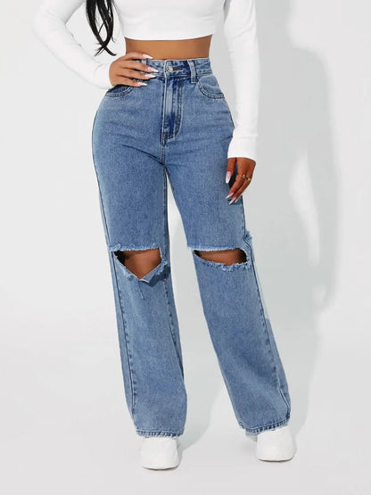 Boyfriend Lady Streetwear Cut Out Denim Jeans