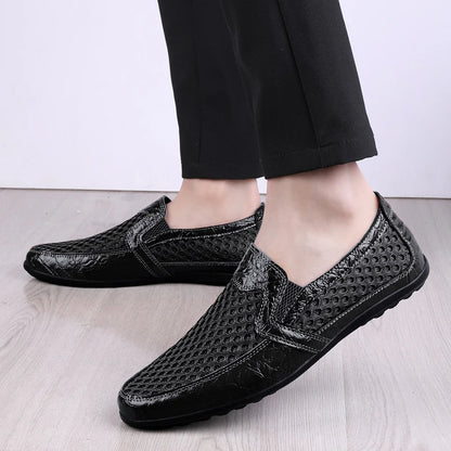 Men Summer Leather Loafers Casual Shoes Breathable Men Sneakers 2022 Fashion Comfort Male Outdoor Black Rubber Flat Men Shoes