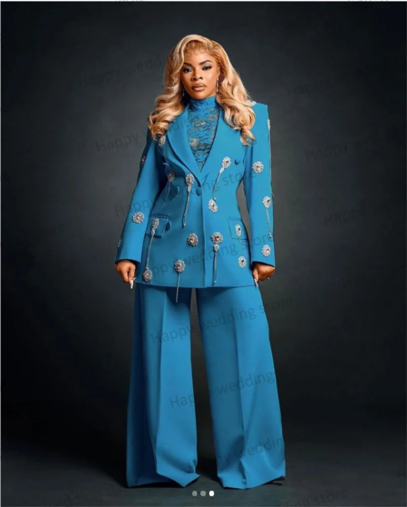 Women Royal Blue Blazer+Wide Leg 2 Pieces Set