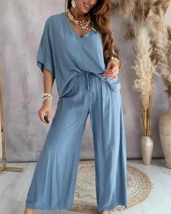 Summer V-neck Bat Sleeve Suit Two-piece Set